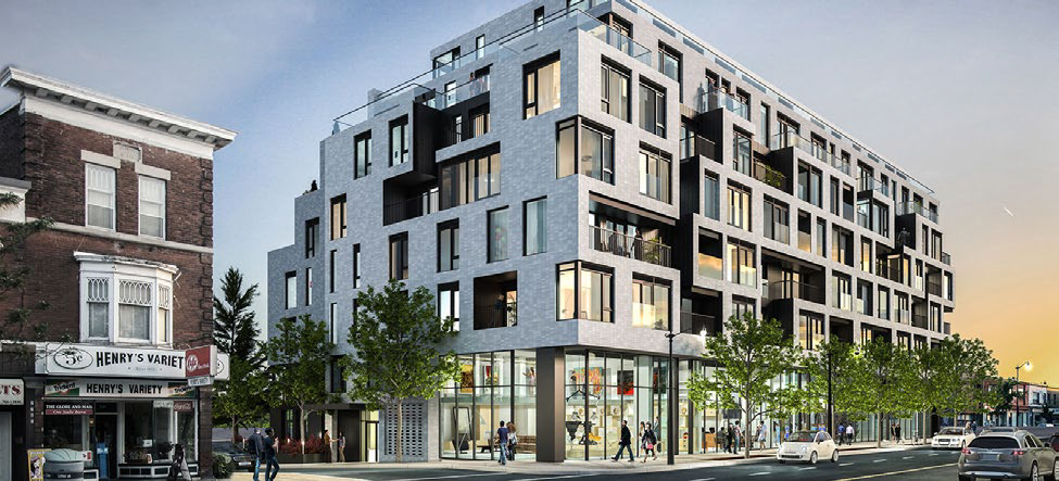 Rendering of a street with a mid-rise building