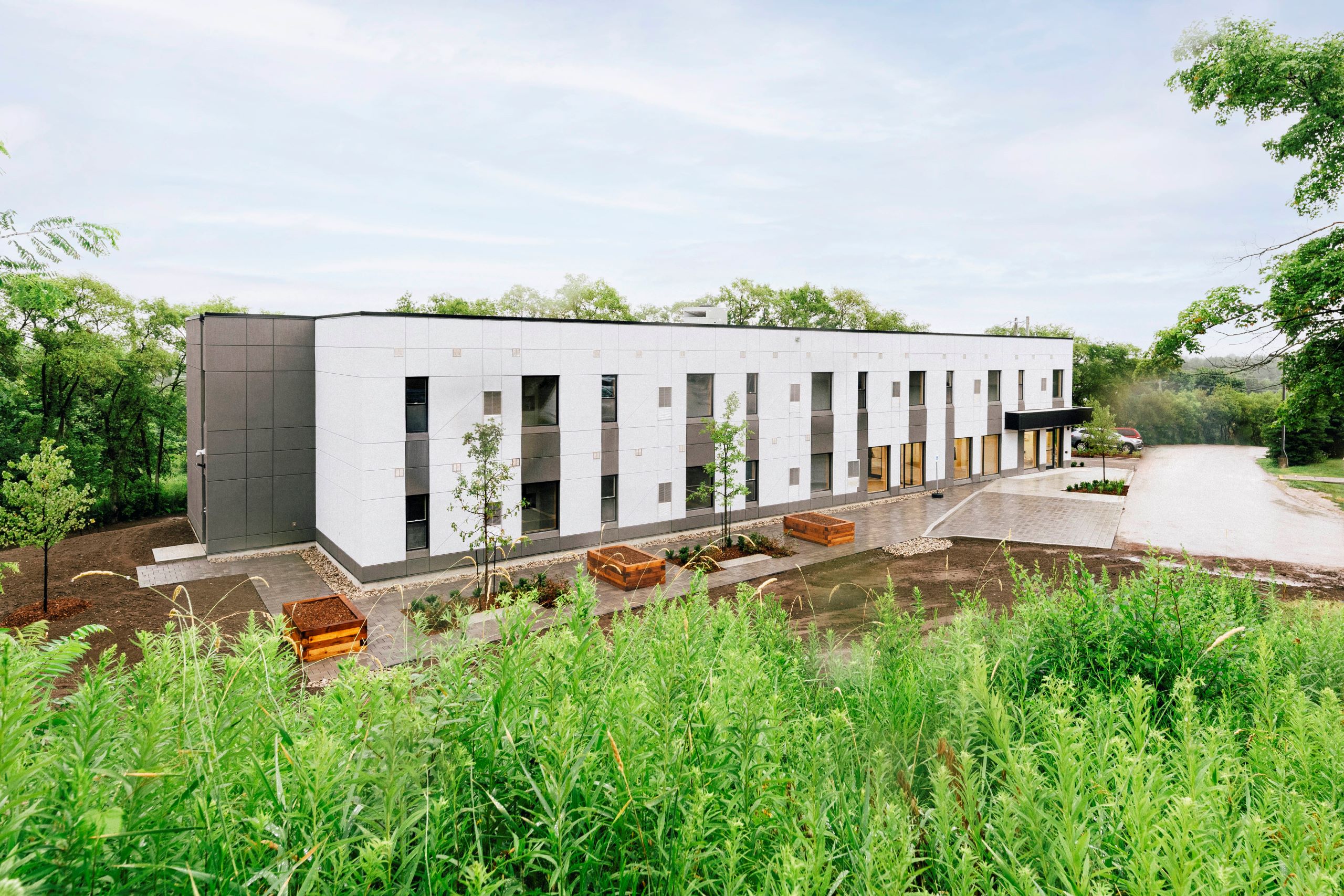 A white building surrounded by greenery