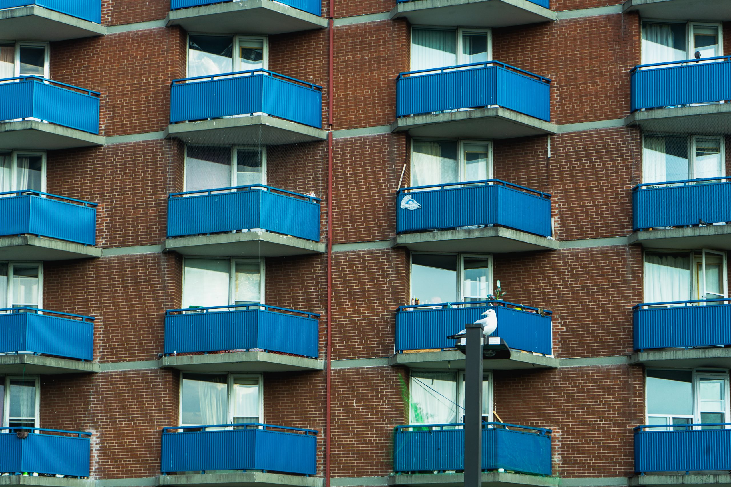 Balconies sit in rows and columns on the exterior of a Toronto apartment building