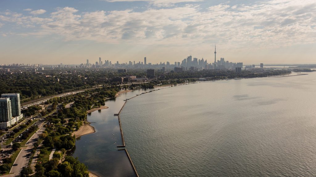 A view of Toronto's skyline from the west, looking over the coast of Lake Ontario
